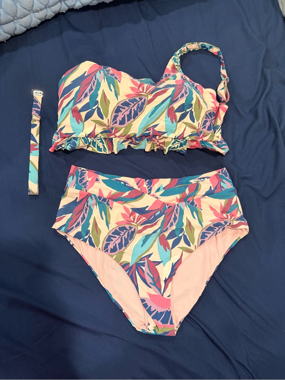 Colorful Tropical Print Bikini Top - Pink & Teal